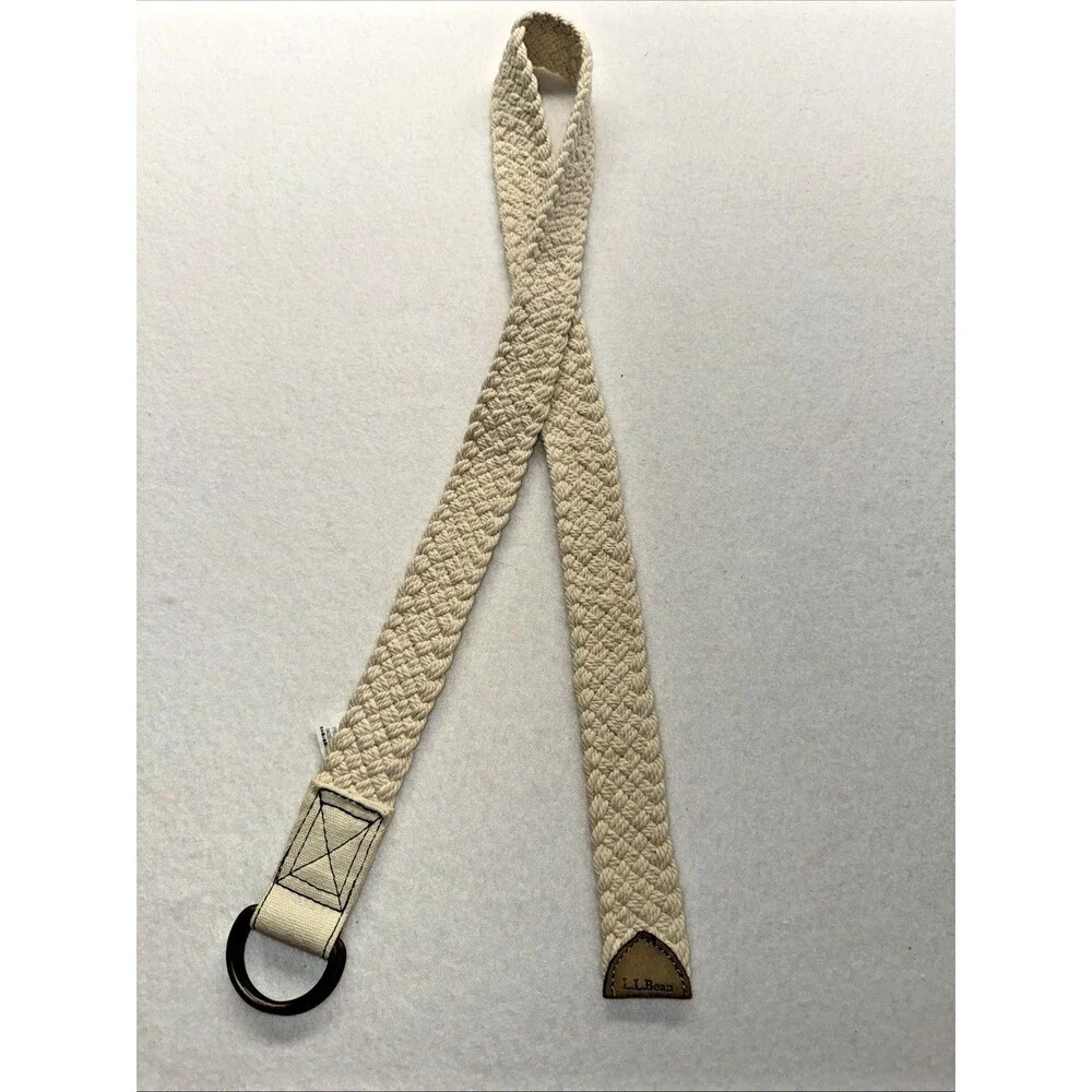 L.L.Bean Cotton D Ring Belt Cream Woven Canvas Brass Tone Size Large USA Style